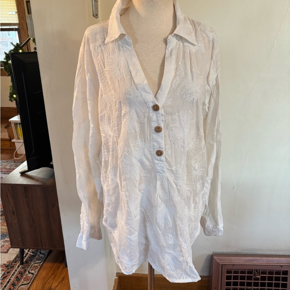 Soft Surroundings Tunic Women’s Size Large White Feather Embroidery